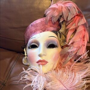 Elegant Pink and Gold Feathered Mask